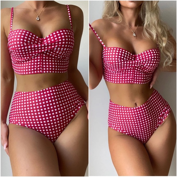 Gingham Print Padded High waisted Swim Beach Bikini - Picture 2 of 6